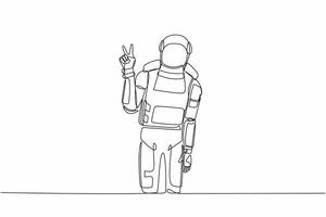 Continuous one line drawing young astronaut standing with v symbol, victory sign, success or winner gesture in moon surface. Cosmonaut outer space. Single line draw graphic design vector illustration