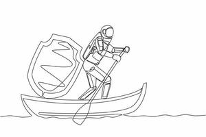 Single one line drawing young astronaut sailing away on boat with shield. Security and insurance in spaceship launching. Cosmic galaxy space concept. Continuous line design graphic vector illustration