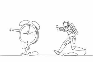 Single continuous line drawing young astronaut chasing alarm clock in moon surface. Space shuttle launch deadline management. Cosmic galaxy space concept. One line graphic design vector illustration