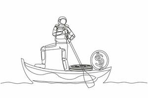 Single one line drawing of astronaut sailing away on boat with pile of dollar coins. Fundraising for spacecraft launch missions. Cosmic galaxy space concept. Continuous line design vector illustration