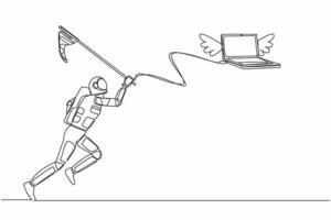 Single continuous line drawing young astronaut try to catching flying laptop with butterfly net. System data computing for spaceship company. Cosmonaut deep space. One line design vector illustration