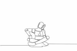 Single one line drawing robot sitting with support his head and confused because get into problem. Robotic artificial intelligence. Technology industry. Continuous line draw design vector illustration