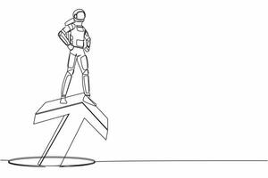 Continuous one line drawing astronaut standing on big arrow coming out of holes. Spaceman lead financial graph rising from hole. Cosmonaut outer space. Single line graphic design vector illustration