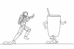 Single one line drawing of young astronaut run chase coffee cup in moon surface. Enjoying black coffee while relaxing in space. Cosmonaut deep space concept. Continuous line design vector illustration