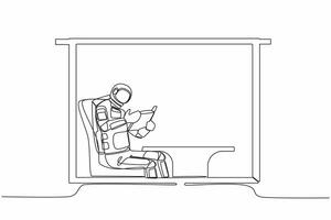 continuo uno línea dibujo astronauta sentado en silla y leyendo libro en Luna superficie. sentado en Sillón cerca ventana en vivo habitación. cosmonauta exterior espacio. soltero línea diseño vector ilustración