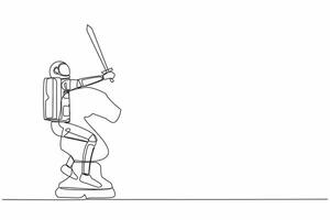 Single continuous line drawing young astronaut riding big chess horse piece with sword. Spaceman battle in the intergalactic war. Cosmonaut deep space. One line draw graphic design vector illustration