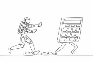 Single one line drawing young astronaut chasing calculator in moon surface. Calculation of costs for space exploration. Cosmonaut deep space concept. Continuous line design graphic vector illustration