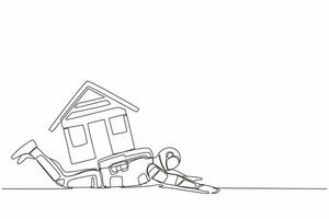 Single continuous line drawing young astronaut under heavy house burden. Financial mortgage problem, taxes expenses in space company. Cosmonaut deep space. One line design vector graphic illustration