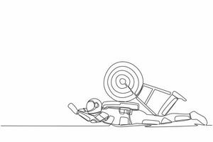 Single continuous line drawing of young astronaut under heavy target burden. Exhausted to achieve spaceship business competition. Cosmonaut deep space. One line draw design vector graphic illustration