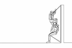 Single one line drawing young astronaut helping another spaceman climb wall in moon surface. Teamwork in space expedition. Cosmic galaxy space. Continuous line draw graphic design vector illustration