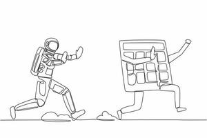 Single one line drawing young astronaut run chasing calculator in moon surface. Calculation of costs for space exploration. Cosmic galaxy space. Continuous line draw graphic design vector illustration