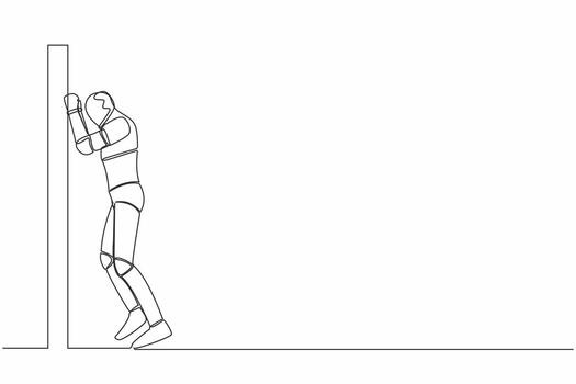 Single continuous line drawing robot crying sad lost opportunity. Depressed with wailing on the wall losing job. Future technology. Machine learning process. One line draw design vector illustration