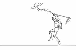 Single one line drawing young astronaut try to catching flying light bulb with butterfly net. Creative idea planet expedition. Cosmic galaxy space. Continuous line graphic design vector illustration