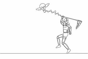 Single one line drawing young astronaut try to catching flying light bulb with butterfly net. Creative idea planet expedition. Cosmic galaxy space. Continuous line graphic design vector illustration