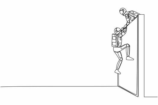 Continuous one line drawing astronaut helping another spaceman climb wall by pulling him to the top. Teamwork in space industry. Cosmonaut outer space. Single line graphic design vector illustration
