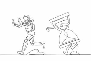 Single continuous line drawing of young astronaut being chased by hourglass. Afraid with interstellar expedition deadline, depression. Cosmonaut deep space. One line graphic design vector illustration