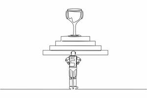 Single continuous line drawing of astronaut standing in front of staircase with trophy on top. Path to success in cosmic exploration. Cosmonaut deep space. One line graphic design vector illustration