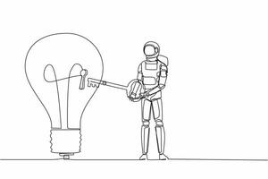 Single one line drawing astronaut put big key into light bulb. Unlock innovation on spaceship business idea. Future technology. Cosmic galaxy space. Continuous line graphic design vector illustration