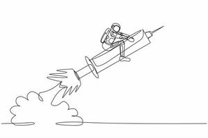 Continuous one line drawing astronaut riding syringe rocket flying in moon surface. Examining the threat of viruses from outer space. Cosmonaut outer space. Single line draw design vector illustration