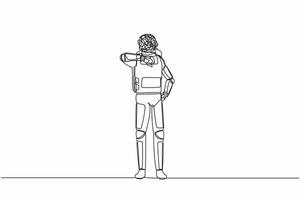 Single one line drawing of young astronaut with round scribbles instead of head, showing thumbs down sign, dislike, disapproval. Cosmic galaxy space. Continuous line graphic design vector illustration