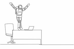 Continuous one line drawing happy young astronaut dancing on working desk and celebrating win spaceship competition. Cosmonaut outer space concept. Single line draw graphic design vector illustration