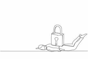 Single one line drawing depressed businessman under heavy lock pad burden. Business closing down or bankruptcy in Covid-19 pandemic lockdown crisis. Continuous line design graphic vector illustration