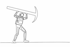 Single continuous line drawing astronaut standing and lifting big pickaxe. Depicts hard work and achievement, in galactic discovery. Cosmonaut deep space. One line graphic design vector illustration