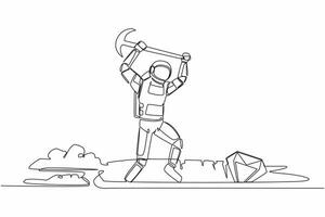 Single continuous line drawing of young astronaut in moon hole prancing while lifting pickaxe with hands. Spaceman mining for diamond. Cosmonaut deep space. One line graphic design vector illustration