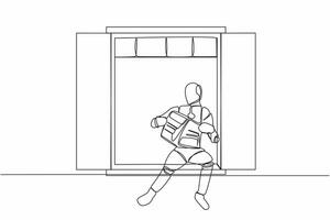 Continuous one line drawing of relaxed robot sitting on windowsill and reads newspaper. Cozy balcony. Humanoid robot cybernetic organism. Future robotic. Single line design vector graphic illustration