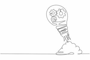 Continuous one line drawing gear launching with light bulb. Fixing economic engine to bring back income to system, adjustment to increase productivity. Single line design vector graphic illustration