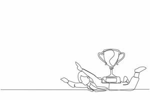 Single continuous line drawing unhappy businesswoman under heavy trophy burden. Office worker failed to win competition or business goals achievement. One line draw graphic design vector illustration