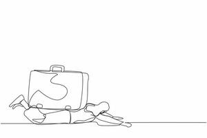 Continuous one line drawing unhappy businesswoman under heavy briefcase burden. Difficulty business task. Pressure workload. Anxiety from work and overload. Single line draw design vector illustration