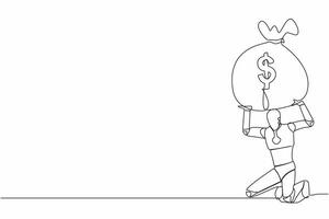 Continuous one line drawing tired robot carrying heavy money bag on his back. Finance crisis money fall down. Economic crash due to pandemic. Future technology. Single line design vector illustration