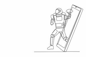 Single one line drawing of american football astronaut player running getting out of smartphone screen. Cosmic galaxy space. Online game mobile app. Continuous line graphic design vector illustration