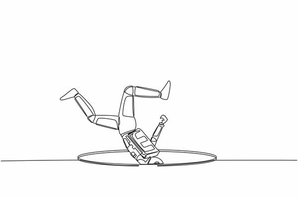 Continuous one line drawing astronaut falling into deep hole. Protruding legs from hatch. Failure in spaceship galactic expedition. Cosmonaut outer space. Single line draw design vector illustration