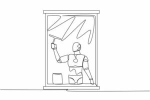 Single one line drawing of robot cleaning windows with glass cleaner tools. Washing windows with bucket, detergent, wet rag. Robotic artificial intelligence. Continuous line design vector illustration