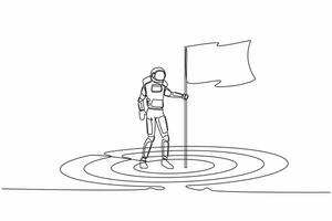 Single continuous line drawing astronaut plant flag in center of target board with arrow. Spaceman ensure space expedition goals. Cosmonaut deep space. One line draw graphic design vector illustration