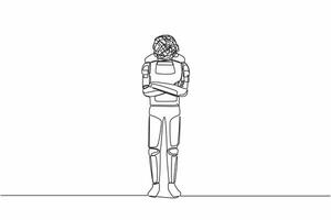 Single one line drawing young astronaut with round scribble instead of head, standing with folded arm pose in moon surface. Cosmic galaxy space. Continuous line draw graphic design vector illustration