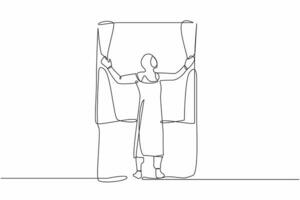 Continuous one line drawing back view of young Arabian woman standing and opening window curtains. Concept of person wake up in morning to get fresh air. Single line design vector graphic illustration