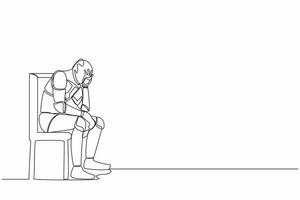 Continuous one line drawing robot hold his head sitting on chair. Regret on mistake, frustration, depressed. Humanoid cybernetic organism. Future robotic. Single line draw design vector illustration