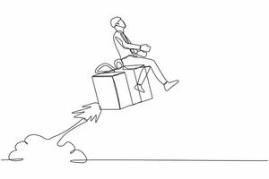 Single one line drawing businessman riding gift box rocket flying in the sky. Fast shipping or delivery concept. Cardboard box for moving and packaging. Continuous line draw design vector illustration