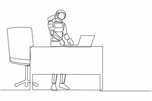 Continuous one line drawing of smart young astronaut standing and working behind office desk. Planning for rocket launch project. Cosmonaut outer space. Single line graphic design vector illustration