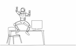 Continuous one line drawing happy astronaut jumping with raised hands near desk workplace. Celebrate successful wormhole journey. Cosmonaut outer space. Single line graphic design vector illustration