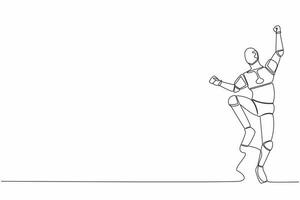 Single one line drawing happy robot jump with folds one leg and raises one hand. Winning business project. Artificial intelligence. Technology industry. Continuous line draw design vector illustration