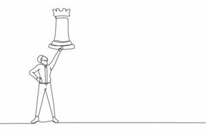 Continuous one line drawing of businessman holding rook chess piece. Concept of tactical advantage, successful entrepreneurship tactics or strategy. Single line draw design vector graphic illustration