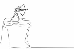 Single continuous line drawing astronaut standing on cliff with archery in hand. Spaceman focus to discovery many planets around galaxy. Cosmonaut deep space. One line draw design vector illustration