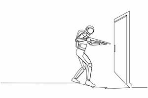 Single one line drawing of young astronaut pointing shotgun at doorknob. Space business breakthrough struggle. Power to succeed. Cosmic galaxy space. Continuous line graphic design vector illustration