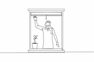 Single one line drawing Arab male waving at window as look like to greet or invite people to come in. Man looking out from apartment from windowsill. Continuous line design graphic vector illustration