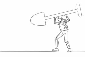 Continuous one line drawing astronaut standing and lifting big shovel. Depicts successful and achievement, in galactic discovery. Cosmonaut outer space. Single line graphic design vector illustration