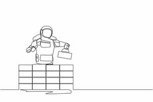 Continuous one line drawing astronaut building brick wall. Future house development. Preparation home reparation on moon surface. Cosmonaut outer space. Single line graphic design vector illustration